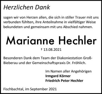 Traueranzeige von Marianne Hechler von vrm-trauer
