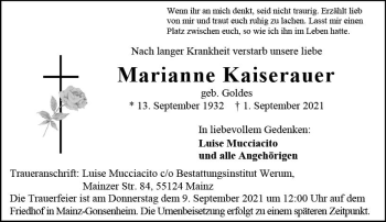 Traueranzeige von Marianne Kaiserauer von vrm-trauer