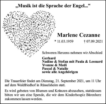 Traueranzeige von Marlene Cezanne von vrm-trauer