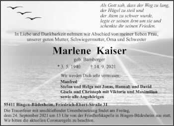 Traueranzeige von Marlene Kaiser von vrm-trauer