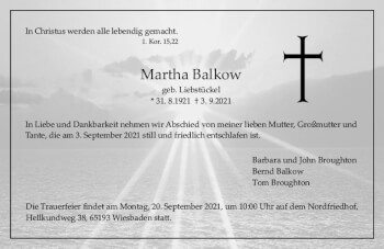 Traueranzeige von Martha Balkow von vrm-trauer