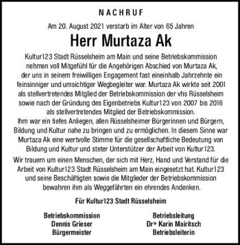 Traueranzeige von Murtaza Ak von vrm-trauer