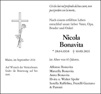 Traueranzeige von Nicola Bonavita von vrm-trauer