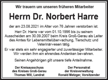 Traueranzeige von Norbert Harre von vrm-trauer