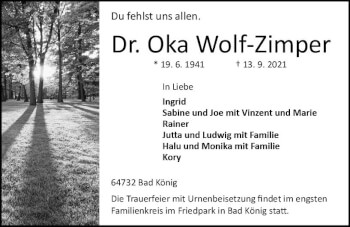 Traueranzeige von Oka Wolf-Zimper von vrm-trauer