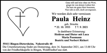 Traueranzeige von Paula Heinz von vrm-trauer