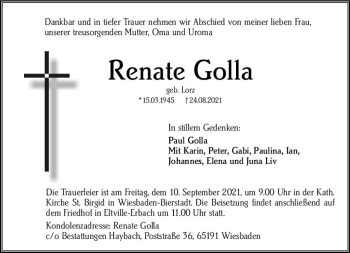 Traueranzeige von Renate Golla von vrm-trauer