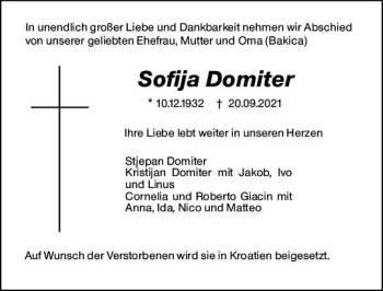 Traueranzeige von Sofija Domiter von vrm-trauer