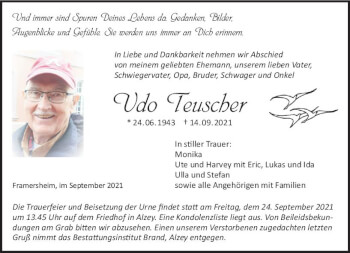 Traueranzeige von Udo Teuscher von vrm-trauer