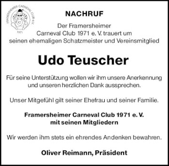 Traueranzeige von Udo Teuscher von vrm-trauer