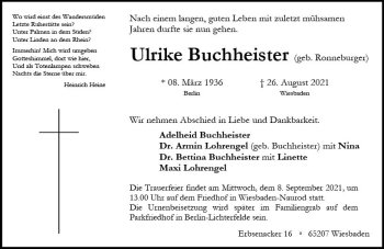 Traueranzeige von Ulrieke Buchheister von vrm-trauer