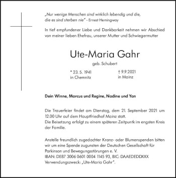 Traueranzeige von Ute-Maria Gahr von vrm-trauer