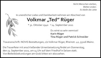 Traueranzeige von Volkmar Ted Rüger von vrm-trauer