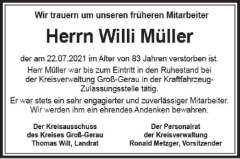 Traueranzeige von Willi Müller von vrm-trauer