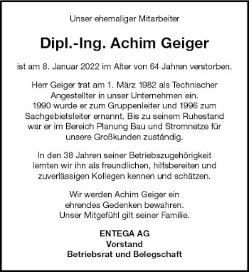 Traueranzeige von Achim Geiger von vrm-trauer Odenwälder Echo