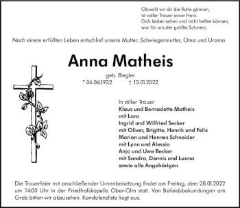 Traueranzeige von Anna Matheis von vrm-trauer AZ Mainz
