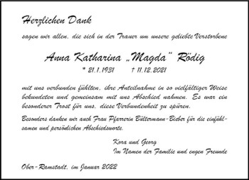 Traueranzeige von Anna Katharina Rödig von vrm-trauer Darmstädter Echo