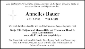 Traueranzeige von Annelies Bauer von vrm-trauer AZ Mainz