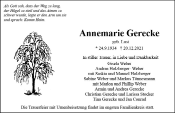Traueranzeige von Annemarie Gerecke von vrm-trauer Odenwälder Echo