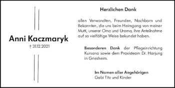 Traueranzeige von Anni Kaczmaryk von vrm-trauer Groß-Gerauer Echo