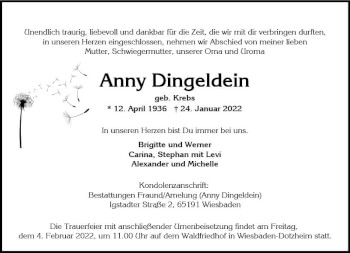 Traueranzeige von Anny Dingeldein von vrm-trauer Wiesbadener Kurier