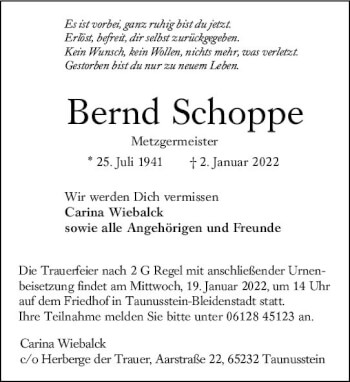 Traueranzeige von Bernd Schoppe von vrm-trauer Wiesbadener Kurier