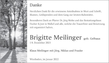 Traueranzeige von Brigitte Meilinger von vrm-trauer Wiesbadener Kurier