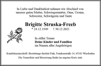 Traueranzeige von Brigitte Struska-Freeb von vrm-trauer Wiesbadener Kurier
