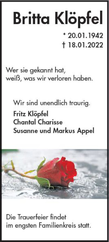 Traueranzeige von Britta Klöpfel von vrm-trauer Rheingau