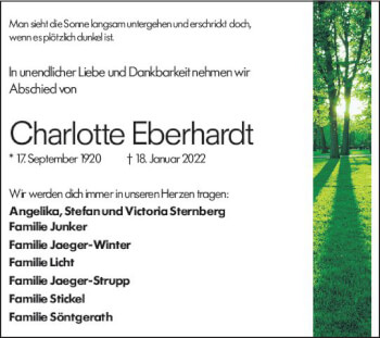 Traueranzeige von Charlotte Eberhardt von vrm-trauer Rüsselsheimer Echo / MainSpitze
