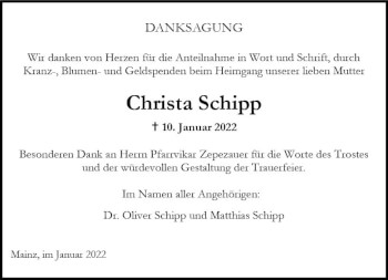 Traueranzeige von Christa Schipp von vrm-trauer AZ Mainz
