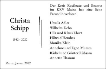 Traueranzeige von Christa Schipp von vrm-trauer AZ Mainz
