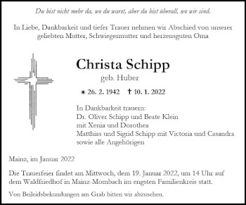 Traueranzeige von Christa Schipp von vrm-trauer AZ Mainz