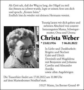 Traueranzeige von Christa Weber von vrm-trauer AZ Mainz