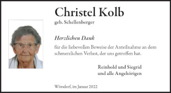 Traueranzeige von Christel Kolb von vrm-trauer Idsteiner Zeitung