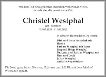 Traueranzeige von Christel Westphal von vrm-trauer Wiesbadener Kurier
