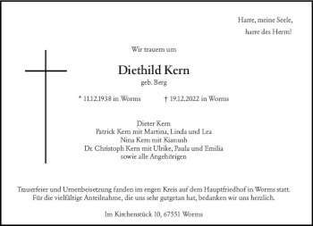 Traueranzeige von Diethild Kern von vrm-trauer Wormser Zeitung