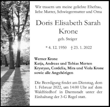 Traueranzeige von Doris Elisabeth Sarah Krone von vrm-trauer Odenwälder Echo