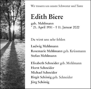 Traueranzeige von Edith Biere von vrm-trauer AZ Mainz
