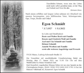 Traueranzeige von Egon Schmidt von vrm-trauer AZ Mainz