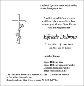 Traueranzeige von Elfriede Dobrow von vrm-trauer Wiesbadener Kurier