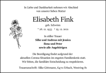 Traueranzeige von Elisabeth Fink von vrm-trauer Odenwälder Echo