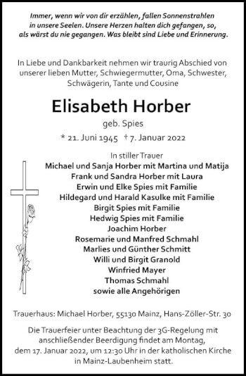 Traueranzeige von Elisabeth Horber von vrm-trauer AZ Mainz