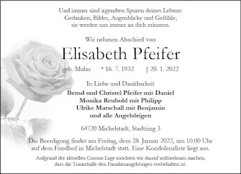 Traueranzeige von Elisabeth Pfeifer von vrm-trauer Odenwälder Echo