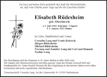 Traueranzeige von Elisabeth Rüdesheim von vrm-trauer AZ Mainz