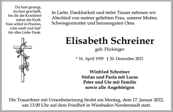 Traueranzeige von Elisabeth Schreiner von vrm-trauer Wiesbadener Kurier