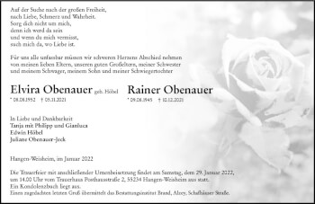 Traueranzeige von Elvira Obenauer von vrm-trauer Allgemeine Zeitung Alzey