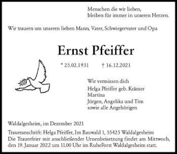 Traueranzeige von Ernst Pfeiffer von vrm-trauer AZ Mainz