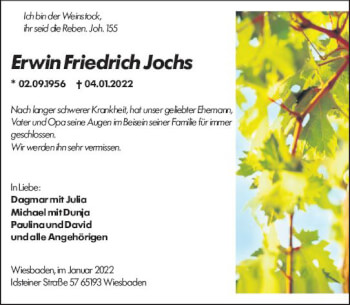 Traueranzeige von Erwin Friedrich Jochs von vrm-trauer Wiesbadener Kurier