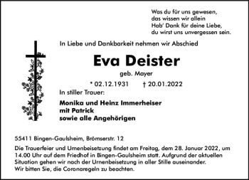 Traueranzeige von Eva Deister von vrm-trauer Allgemeine  Zeitung Ingelheim-Bingen